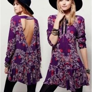 Free People Women's Smooth Talker Floral Print Open Back Tunic Dress Purple M